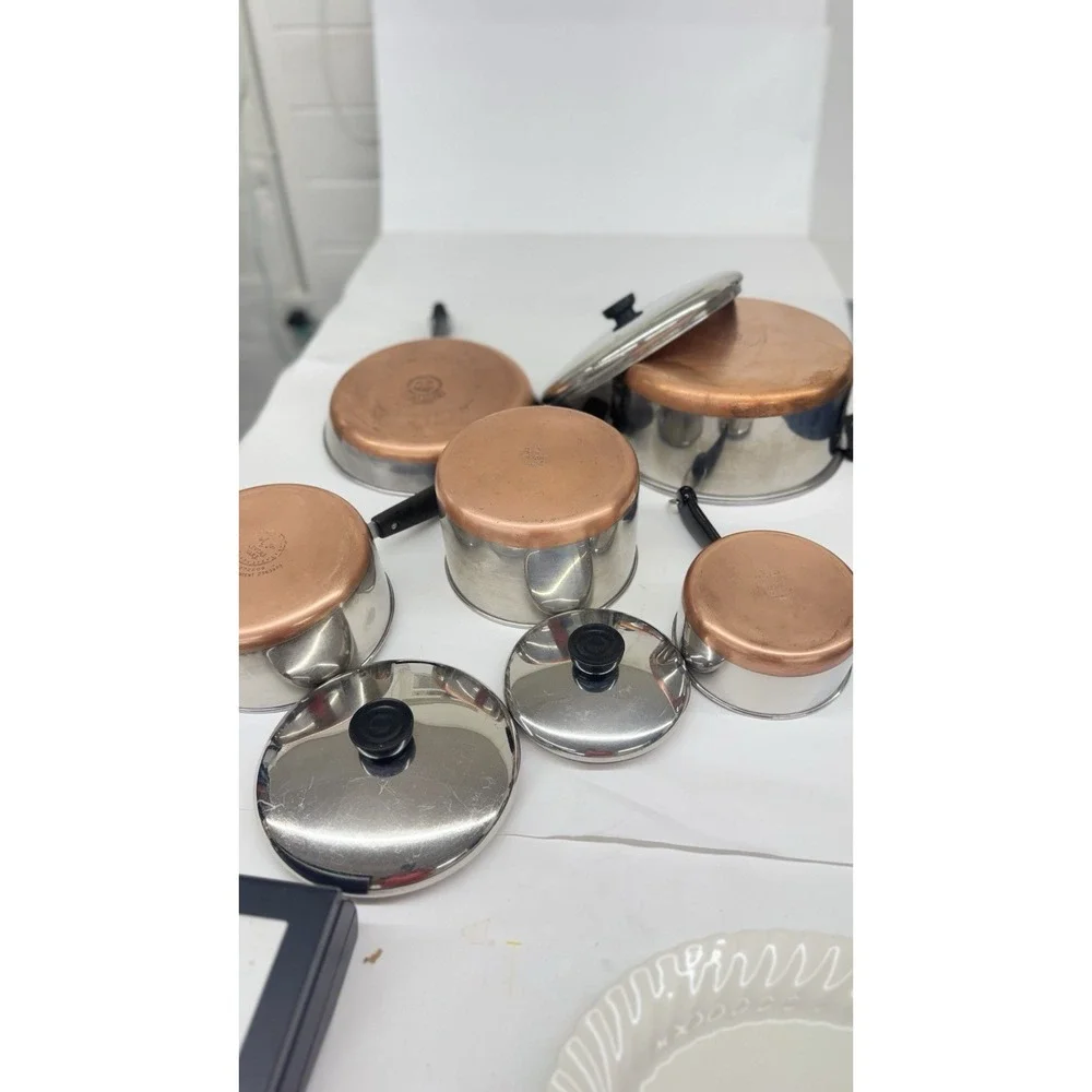 VTG 8 Piece Set Revere Ware 1801 Pots Pans Skillet & Lids Copper Bottom See Pics